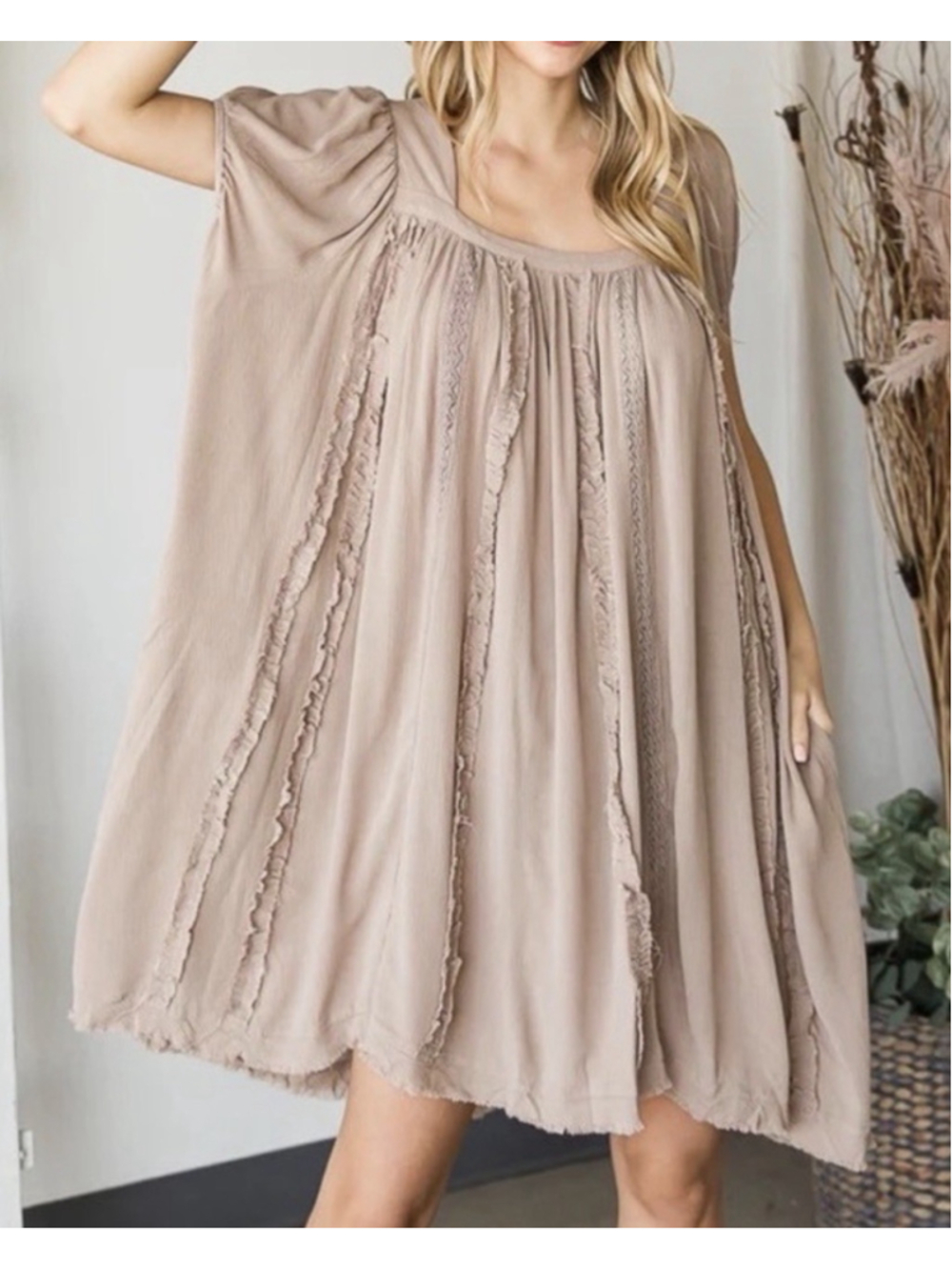 Oli & Hali Mocha Size L Bohemian Peasant Tunic Dress Oversized Lace Detail - Picture 3 of 10